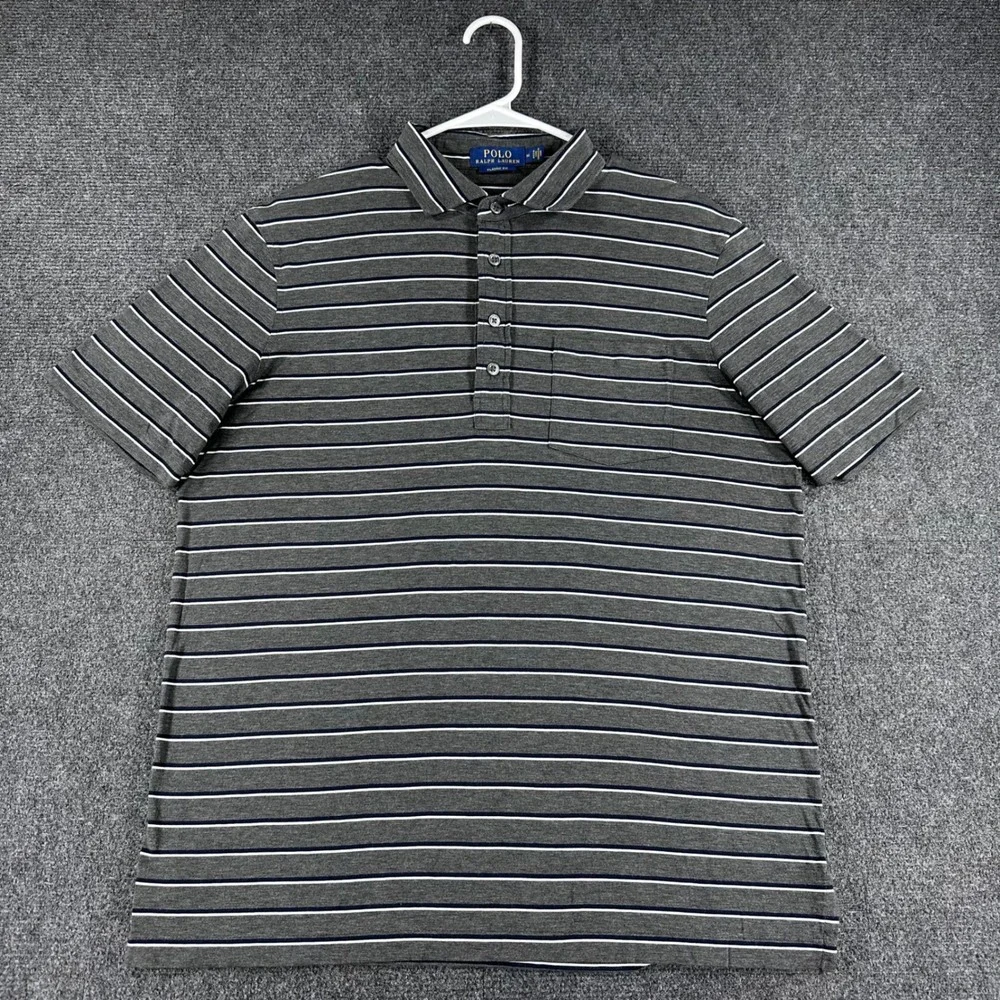 Polo Ralph Lauren Polo Shirt Mens M Medium Grey Striped Classic Fit Short Sleeve